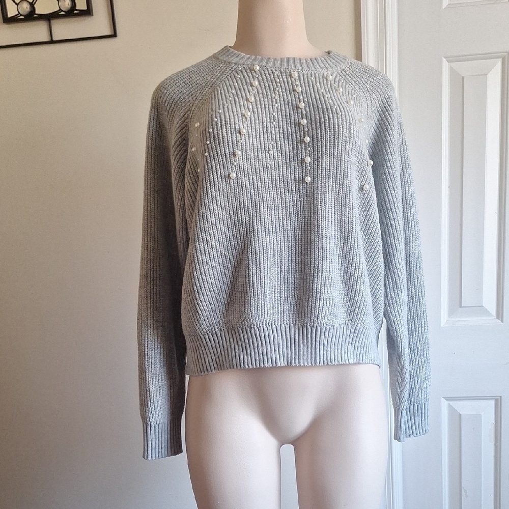 French Connection Light Gray Sweater with Pearl Details Size L